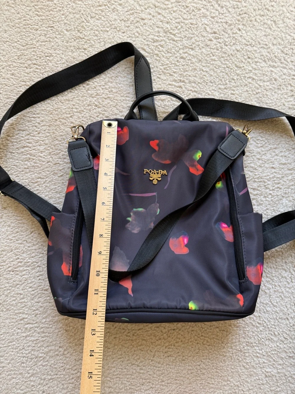Black Floral Print Nylon Backpack - Women's Convertible Daypack